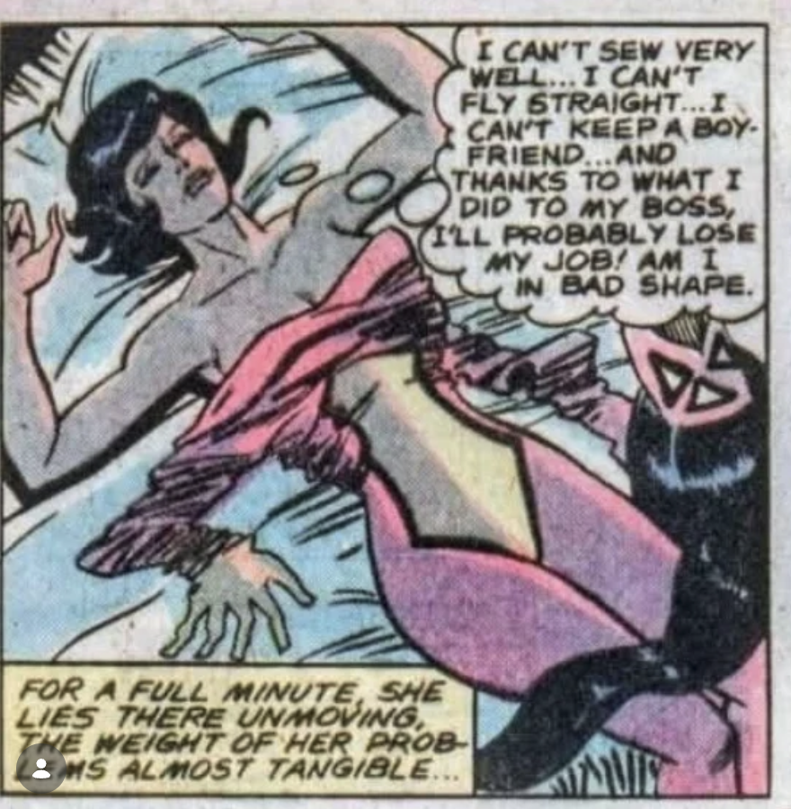 KylePrometheus's tweet photo. Bronze of the Day.  🧡  Venom Blast Day 15.

Spider-Woman #14.  May 1979.
Cults and Robbers.
Cover: Sienkiewicz / Palmer.
Story: Gruenwald / Infantino / Gordon.

She starts the issue in the air.
Hydra cut those wings.
She still loves to fly.
Then the seam goes...

Glass.
A picture window.
A ridiculous landing.

By the time the Cult of Kali has the Shroud and the lights go out, she has already lost the sky for the night.

She throws him.  She stops the knife.  Darkness. Combat she can hear and cannot see.
When the room comes back, the cult is down and he is gone.

Jessica calls the police.
The bodies have already walked.
Lindsay McCabe does not flinch.
A jade Kali is missing...

The receptionist job is a trap with a payroll.

Panel of the Day.  💬

The two-panel.
Costume half mast.
One full minute unmoving.
The weight of her problems almost tangible.

"I can’t sew very well…
I can’t fly straight…
I can’t keep a boyfriend…
And thanks to what I did to my boss, I’ll probably lose my job.
Am I in bad shape."

Then the image of how ridiculous she must have looked crashing through a picture window sinks in…

…and, for the first time in memory, she laughs at herself.

Week 2.  Finding her feet.

Not the venom blast.
Not the cult.
The laugh.

The book can walk when she can see the crash... 👁️ 
This page puts her in her own head.
That is the stronger stretch.

The Mego-that-never-was stands on the shelf in cloth.
This Jessica is still on the bed, laughing at the window.

Both are her.  🎲

🎸 https://t.co/Jt60xKIDko