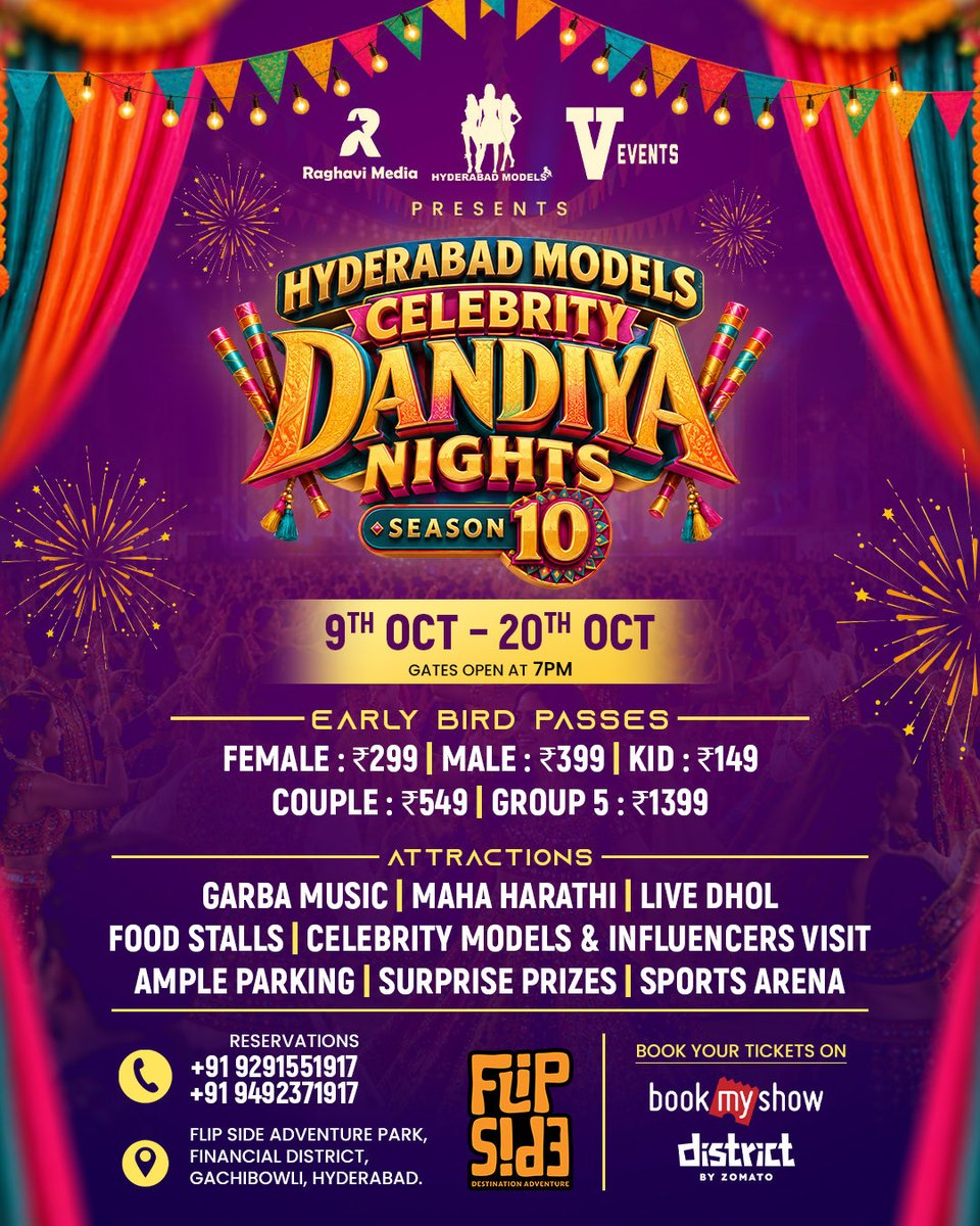 HydModels's tweet photo. Hyderabad Models #CelebrityDandiyaNights – Season 10 is here!
💃 9th – 20th Oct | Gates open 7 PM 📍 FlipSide Adventure Park

For Passes contact  📞 +91 9291551917
#DandiyaNights #HyderabadEvents #CelebrityDandiya #GarbaNight #Season10 
Hyderabad Best Dandiya Event https://t.co/4DnthiSUJA