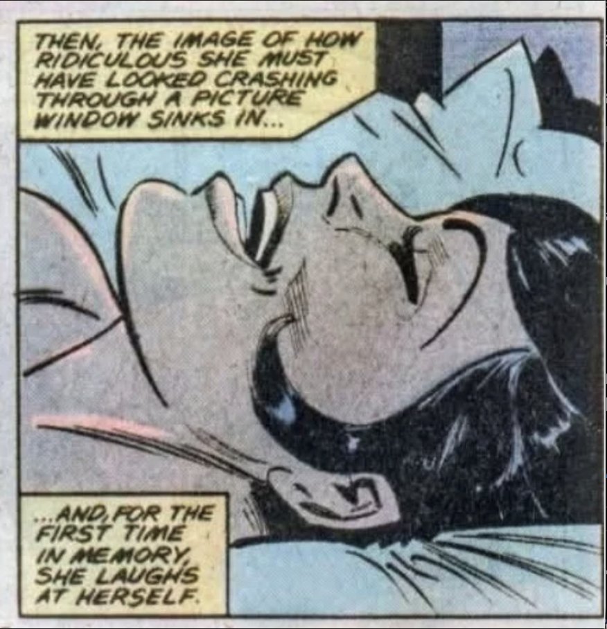 KylePrometheus's tweet photo. Bronze of the Day.  🧡  Venom Blast Day 15.

Spider-Woman #14.  May 1979.
Cults and Robbers.
Cover: Sienkiewicz / Palmer.
Story: Gruenwald / Infantino / Gordon.

She starts the issue in the air.
Hydra cut those wings.
She still loves to fly.
Then the seam goes...

Glass.
A picture window.
A ridiculous landing.

By the time the Cult of Kali has the Shroud and the lights go out, she has already lost the sky for the night.

She throws him.  She stops the knife.  Darkness. Combat she can hear and cannot see.
When the room comes back, the cult is down and he is gone.

Jessica calls the police.
The bodies have already walked.
Lindsay McCabe does not flinch.
A jade Kali is missing...

The receptionist job is a trap with a payroll.

Panel of the Day.  💬

The two-panel.
Costume half mast.
One full minute unmoving.
The weight of her problems almost tangible.

"I can’t sew very well…
I can’t fly straight…
I can’t keep a boyfriend…
And thanks to what I did to my boss, I’ll probably lose my job.
Am I in bad shape."

Then the image of how ridiculous she must have looked crashing through a picture window sinks in…

…and, for the first time in memory, she laughs at herself.

Week 2.  Finding her feet.

Not the venom blast.
Not the cult.
The laugh.

The book can walk when she can see the crash... 👁️ 
This page puts her in her own head.
That is the stronger stretch.

The Mego-that-never-was stands on the shelf in cloth.
This Jessica is still on the bed, laughing at the window.

Both are her.  🎲

🎸 https://t.co/Jt60xKIDko