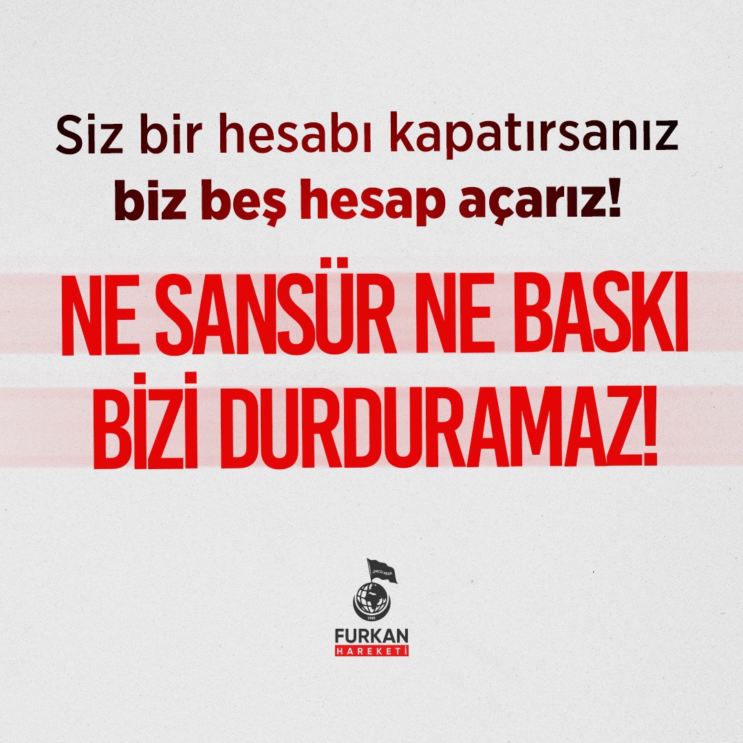 fhengellenemezz's tweet photo. Siz bir hesabı kapatırsanız biz beş hesap açarız!

NE SANSÜR NE BASKI
BİZİ DURDURAMAZ!

Xi SerbestBırakın
#FurkanaSistematikZulüm
AKPden MuhaliflereSansür https://t.co/eXYyj61XKY
