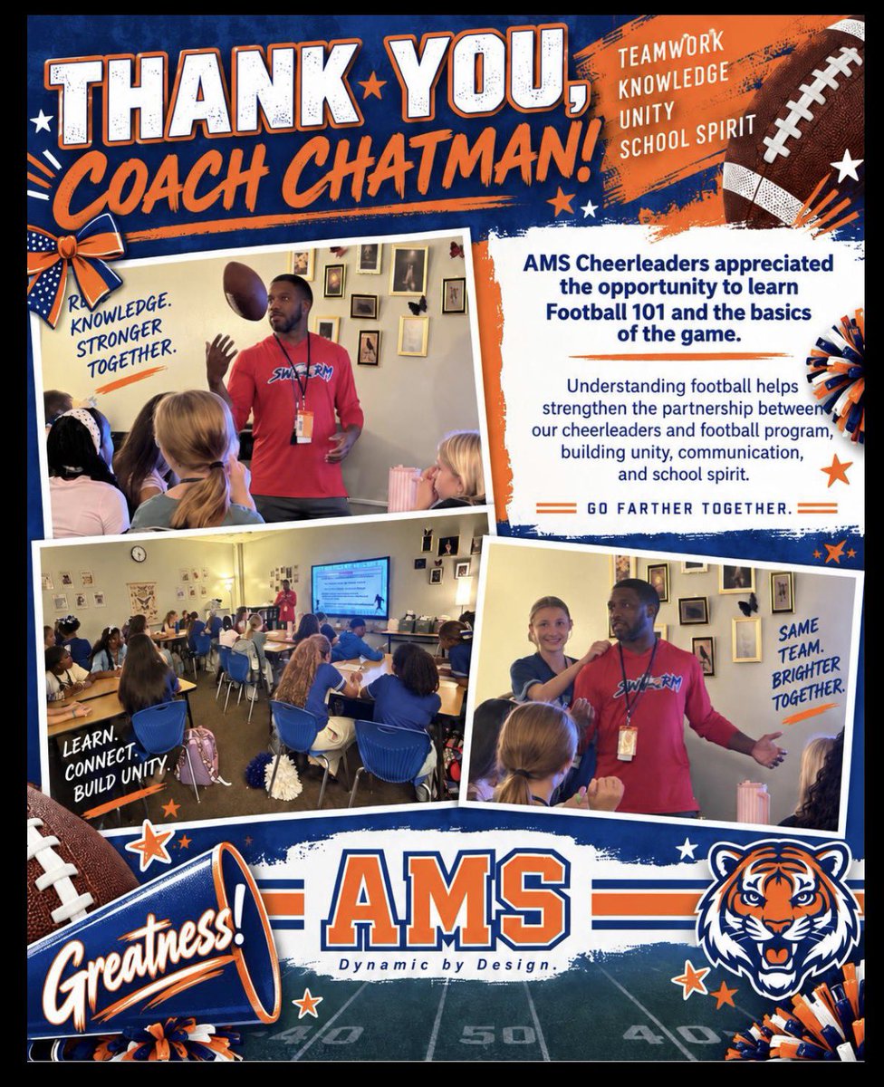 HumbleISD_AMS's tweet photo. 🏈📣 Thank you, Coach Chatman, for teaching our AMS cheerleaders Football 101! Understanding the game helps strengthen the partnership between football &amp; cheer while building unity, communication, &amp; school spirit. 💙🧡
Same team. One AMS. GREATNESS!  #DynamicByDesign #AMSTigers https://t.co/2N1KC0b6Dr