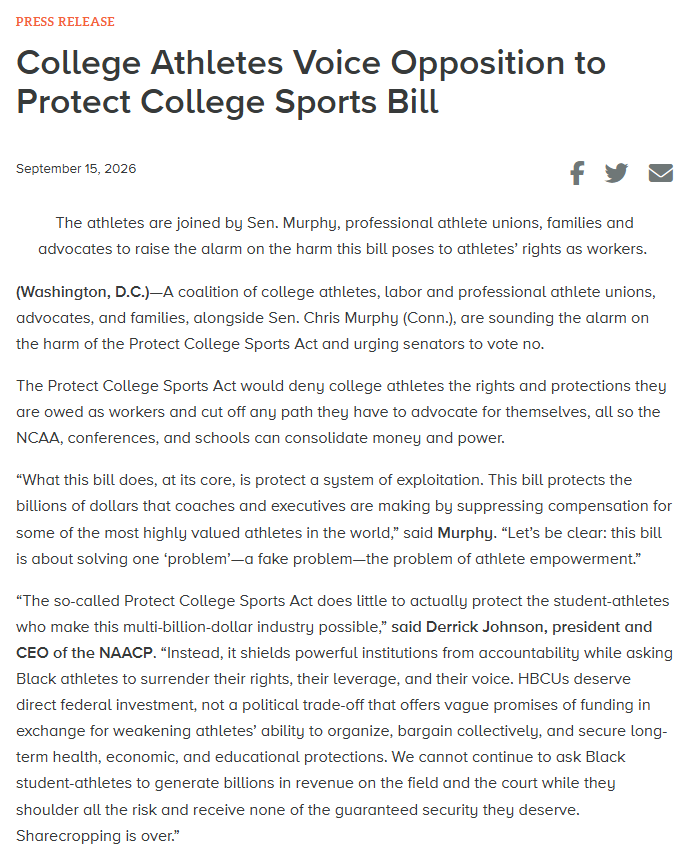 AFLCIO's tweet photo. The Protect College Sports Act would deny college athletes the rights they are owed as workers and cut off any path they have to advocate for themselves, all so the NCAA and conferences can consolidate money and power. The Senate must reject this bill.
https://t.co/dg2Ah6ViQf https://t.co/Ap3RGZfQ6Y