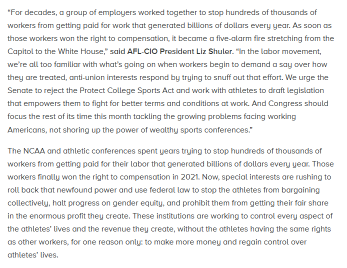 AFLCIO's tweet photo. The Protect College Sports Act would deny college athletes the rights they are owed as workers and cut off any path they have to advocate for themselves, all so the NCAA and conferences can consolidate money and power. The Senate must reject this bill.
https://t.co/dg2Ah6ViQf https://t.co/Ap3RGZfQ6Y