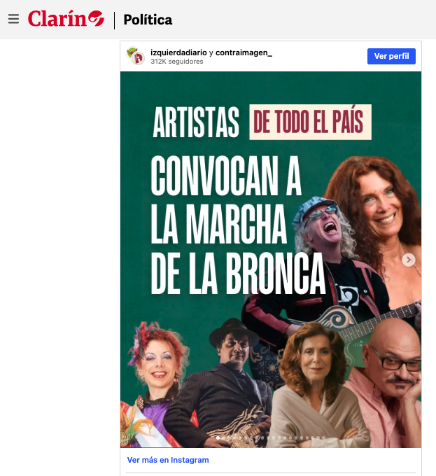 PTSarg's tweet photo. 🎭🎤 ARTISTAS Y REFERENTES DE LA CULTURA SE SUMAN A LA MARCHA 🎶

Uno de los componentes de la convocatoria es la participación de artistas y trabajadores de la cultura, que se sumaron a la protesta contra las políticas económicas y sociales de la administración libertaria.

Entre los artistas y referentes culturales que adhirieron aparecen Miguel Cantilo, autor de la canción "La marcha de la bronca", un clásico himno de protesta del rock argentino compuesto interpretado en los '70 por el dúo Pedro y Pablo.

Además, se sumaron a la convocatoria @mirtabusnelli, @losgardelitos, La Bersuit, @katjaalemann, Carlos Belloso, entre otros.

#MarchaDeLaBronca