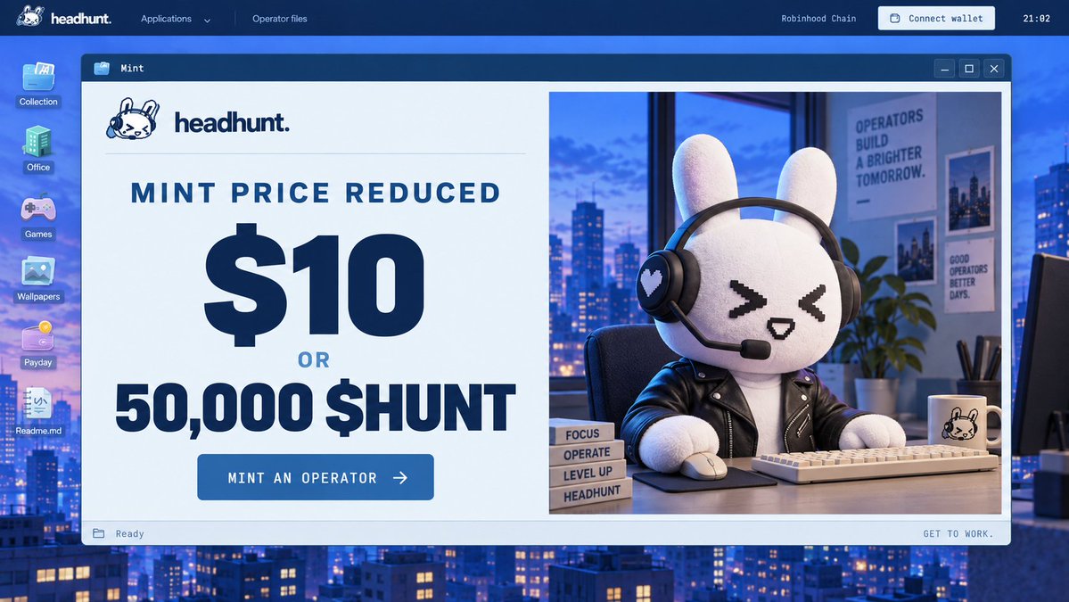 headhuntgame's tweet photo. we cut the mint price to $10 or 50,000 $HUNT.

Grab an operator, seal the roll and find them a job.

the headset’s on. get to work.

https://t.co/Zgdo9fwLnC https://t.co/gj6iAFmV42