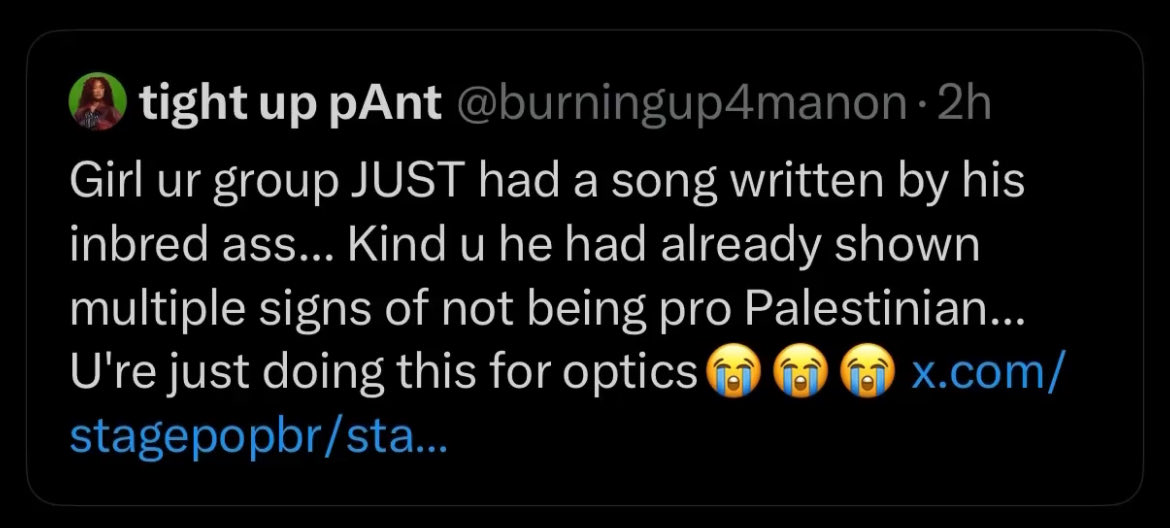 malihazerz's tweet photo. this is so unfair there are hundreds of tweets doing the exact same for manon if not worse ppl are just simply saying that those girls liked the tweet against ed Sheeran which is good because they all stand with Palestine. People couldn’t WAIT to somehow drag them into this. https://t.co/41fzUcwUL9