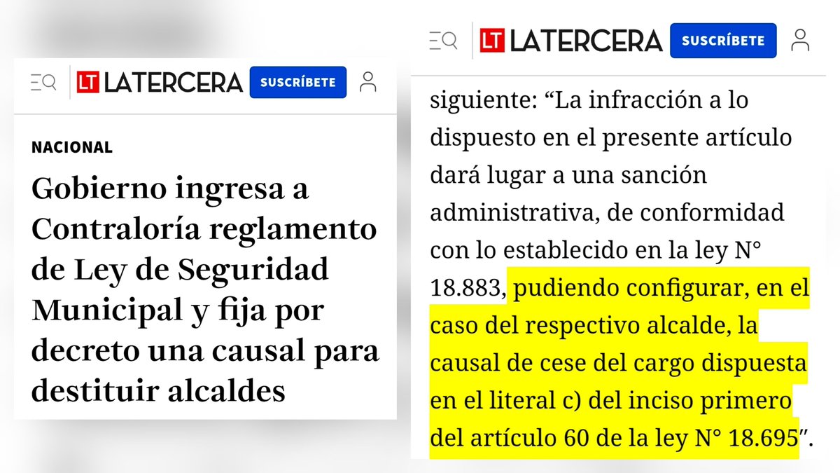 RobertoMerken's tweet photo. 🔴 GRAVE: GOBIERNO ABRE LA PUERTA A DESTITUIR ALCALDES POR DECRETO

El reglamento ingresado a Contraloría establece que determinadas infracciones podrían configurar una causal para el cese de alcaldes elegidos democráticamente.

La Asociación Chilena de Municipalidades pidió retirar la norma y Mario Desbordes la calificó de «absolutamente inconstitucional».

Fiscalizar es una cosa. Que un decreto pueda incidir en la salida de una autoridad elegida por voto popular es otra muy distinta.