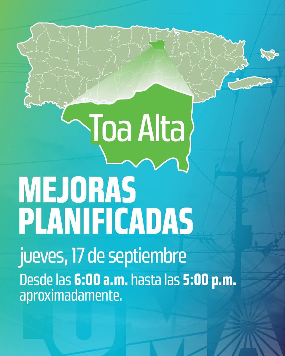 CiudadToaAltaPR's tweet photo. El jueves, 17 de septiembre realizaremos mejoras en la subestación de Barrio Piñas en Toa Alta.

Estos trabajos forman parte de nuestros esfuerzos continuos para modernizar la red y aumentar la resiliencia del sistema. 

Más detalles aquí: https://t.co/oBpto3RFQS https://t.co/1s7mxdnUmX