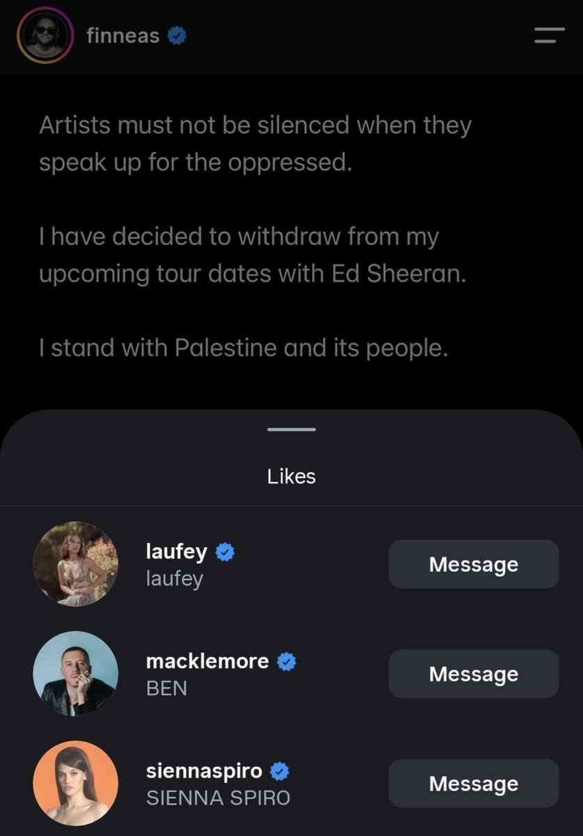 VaelisFox's tweet photo. Laufey, Macklemore and Sienna Spiro have liked Finneas' announcement about his withdrawal from Ed Sheeran's tour! https://t.co/WUAij7K0gX