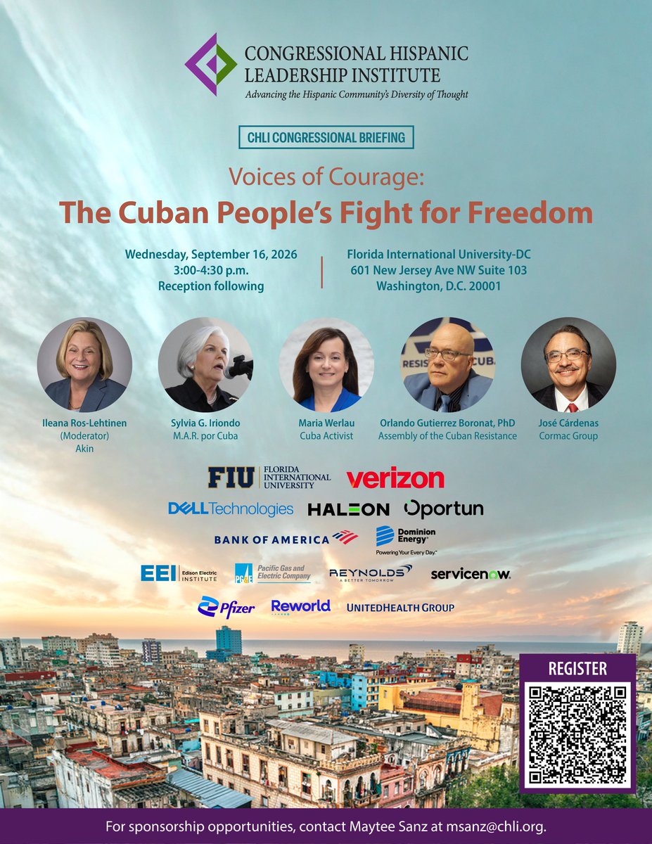 TheCHLI's tweet photo. There's still time 🕰️

For you to register for tomorrow's Voices of Courage: The Cuban People's Fight for Freedom where the CHLI Congressional Briefing will elevate the voices of those advocating for a free Cuba, explore the ongoing challenges facing the Cuban people, and discuss the path toward democracy.

You can register to attend in person or watch via our livestream here: https://t.co/9Lh2D0iH0F