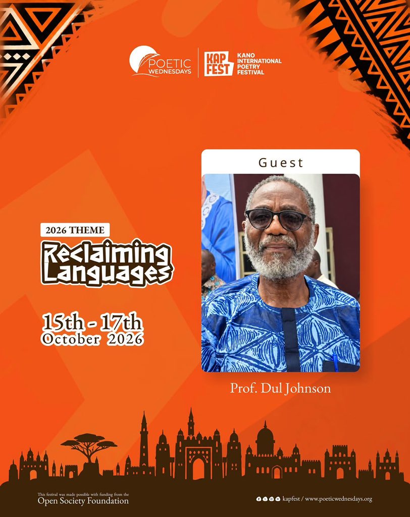 Kanopoetryfest's tweet photo. We’re thrilled to welcome Prof. Dul Johnson to #KAPFEST26!
Professor of Literature and English Studies, author and veteran of the arts, Prof. Dul Johnson brings a wealth of knowledge, experience and a deep love for literature to this year’s festival.

We’re delighted to have him join our conversations.

15–17 October 2026