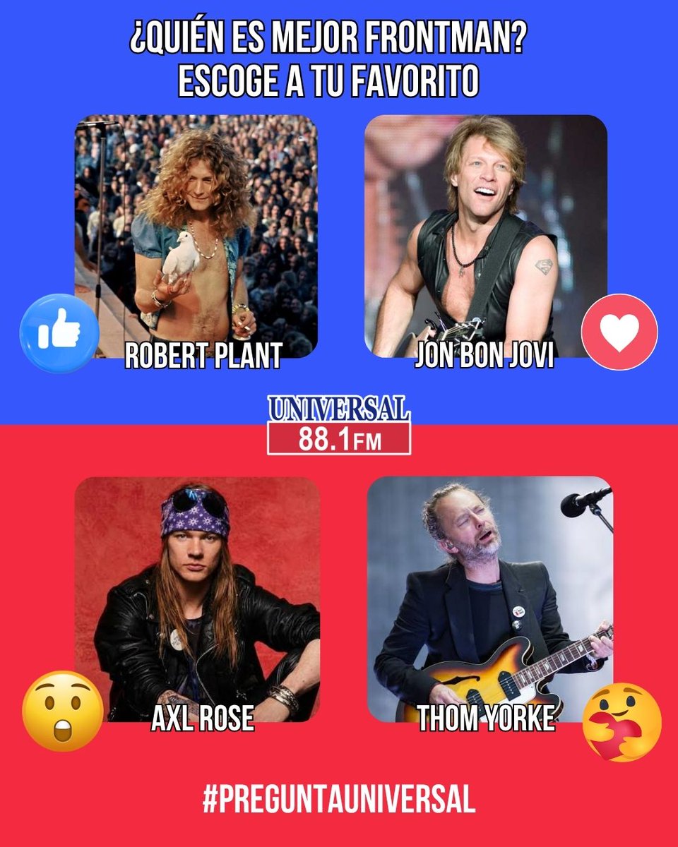 universal881fm's tweet photo. #PreguntaUniversal ¿Quién es el mejor FRONTMAN? 🎤🔥

👍 Robert Plant
❤️ Jon Bon Jovi
😮 Axl Rose
🥰 Thom Yorke
Cuatro estilos completamente distintos, pero una misma misión: adueñarse del escenario. 👀🎸
¿Quién gana para ti?
#Universal881 https://t.co/7vGOq3ufyW