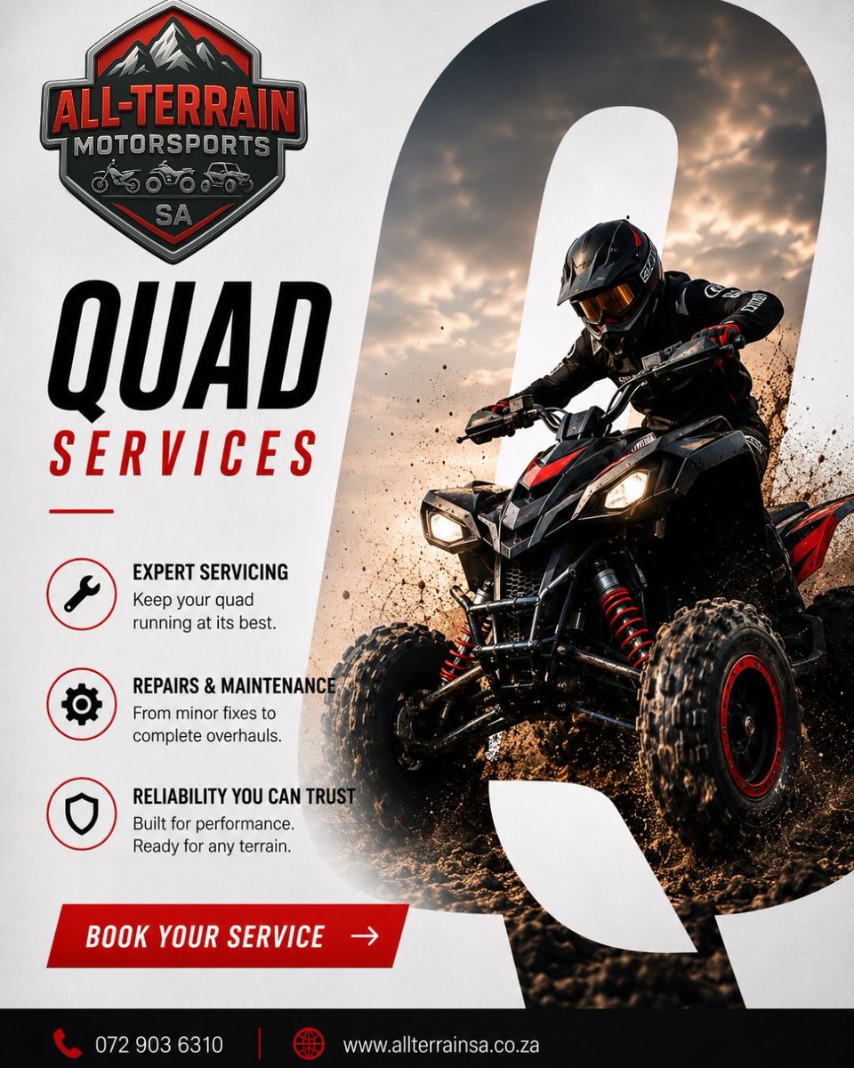 SheilahHesbj's tweet photo. Keep your quad ready for every ride. From servicing to repairs and maintenance, All-Terrain Motorsports SA keeps it performing at its best on any terrain. Expert service, reliable workmanship. Book: 072 903 6310 https://t.co/avf1OflR7P
