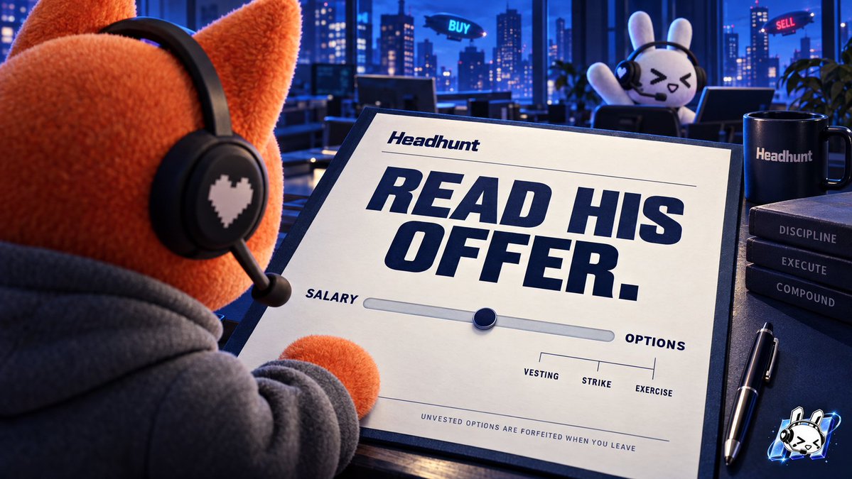 headhuntgame's tweet photo. the fox heard “options” and stopped listening.

Use the offer slider to choose your salary/options mix.

Check the cliff, vesting schedule and exercise price. Leave early and unvested options are forfeited.

someone please turn his chair back around. https://t.co/vtXtbdajlL