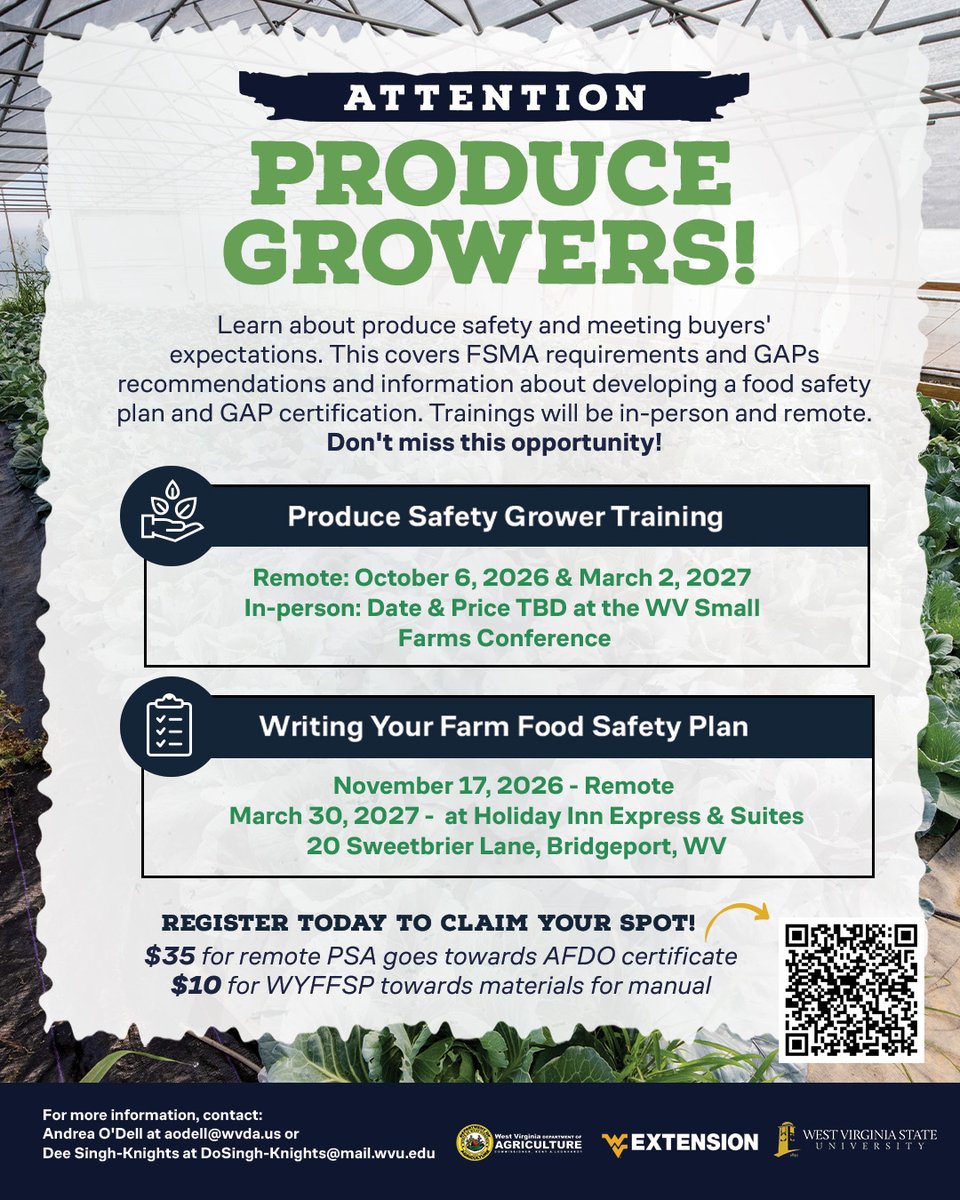 WVDeptofAg's tweet photo. Produce growers, mark your calendars!
Four upcoming opportunities — both in person and online — will help growers learn more about produce safety and what buyers are looking for when purchasing fresh produce. The deadline for registration for the first course is next week! https://t.co/geeXk1Xdva