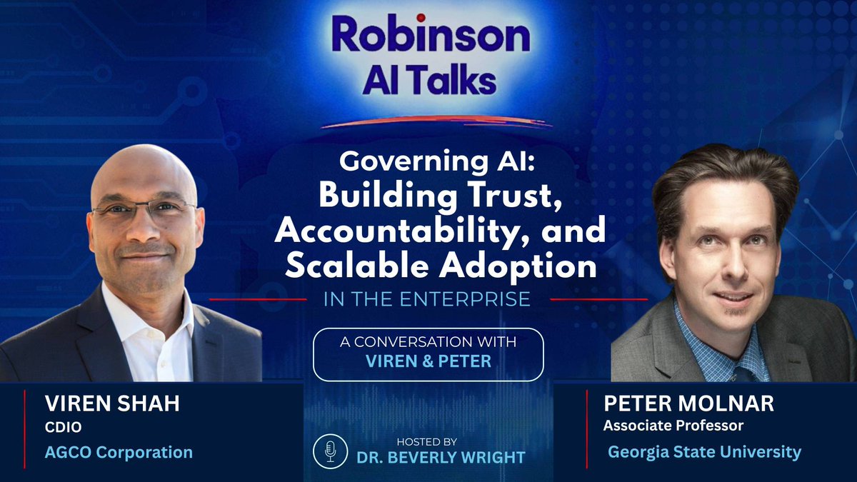 RobinsonCollege's tweet photo. Back for another round of Robinson AI Talks, Dr. Beverly Wright hosts Associate Prof. Peter Molnar and Viren Shah, CDIO of AGCO Corporation to discuss governing #AI. https://t.co/RR8le5ZTJG #TheStateWay #RCBGradLife #RobinsonCollege #GSU #RobinsonResearch #RobinsonAITalks https://t.co/ntST9TcVdt