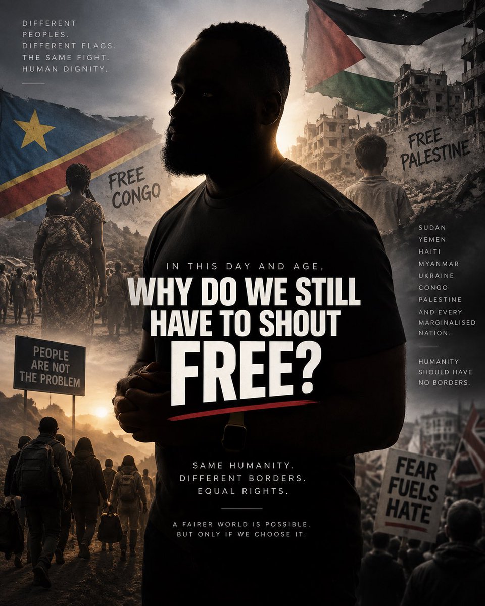 JuniorMasandi's tweet photo. It’s 2026. Why are we still shouting “Free Congo”? “Free Palestine”? Free anyone?

We are the most connected generation in history. We see the wars, displacement, exploitation and suffering in real time, so saying “we didn’t know” is no longer an excuse. https://t.co/F1qD8HSKIw