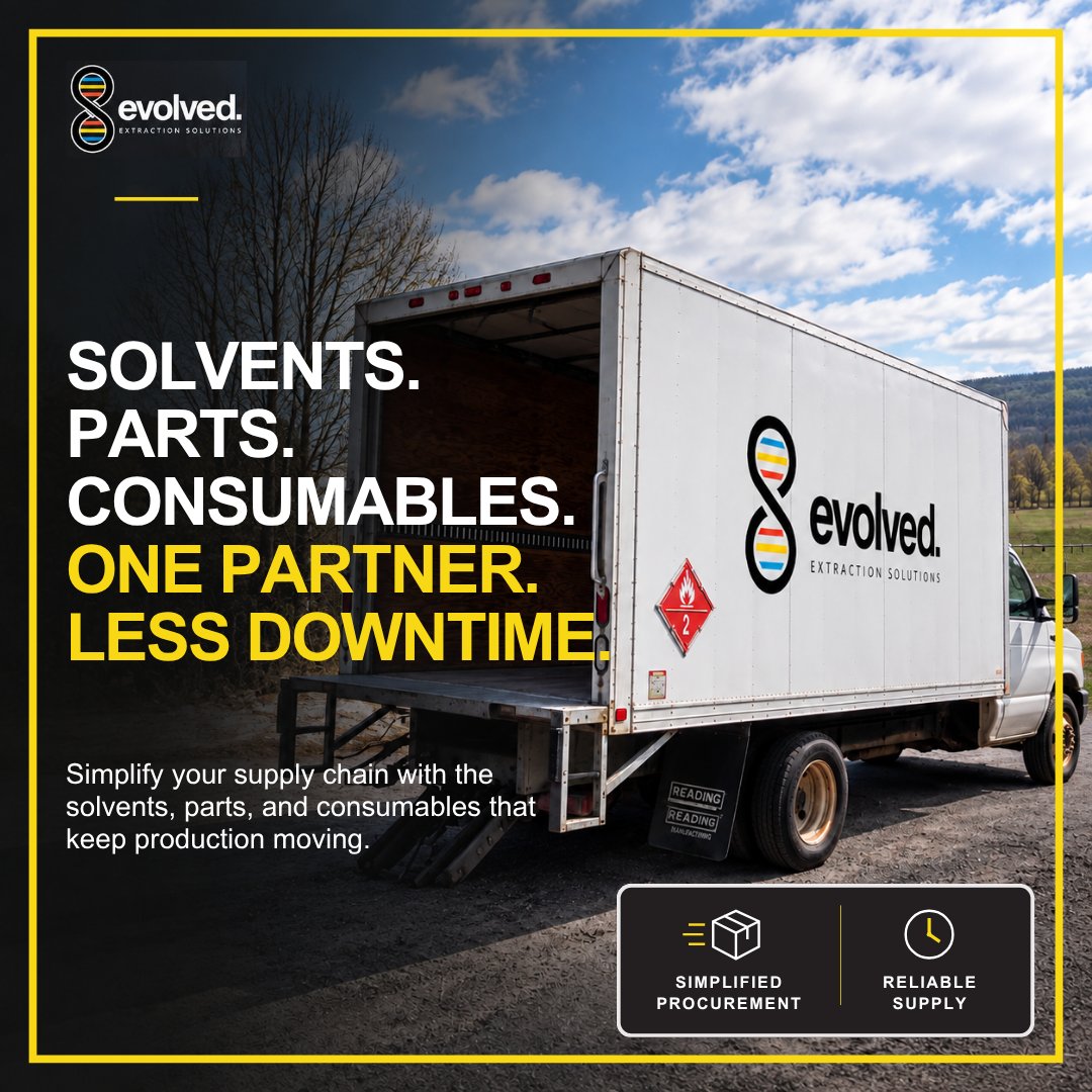 evolved_es's tweet photo. A high-performance extraction facility needs a reliable supply chain. ⚙️
Evolved brings solvents, parts, and consumables together through one extraction-focused partner.

Less supply uncertainty. More focus on production.

#CannabisExtraction #EvolvedExtraction https://t.co/oCxaIgXNSz