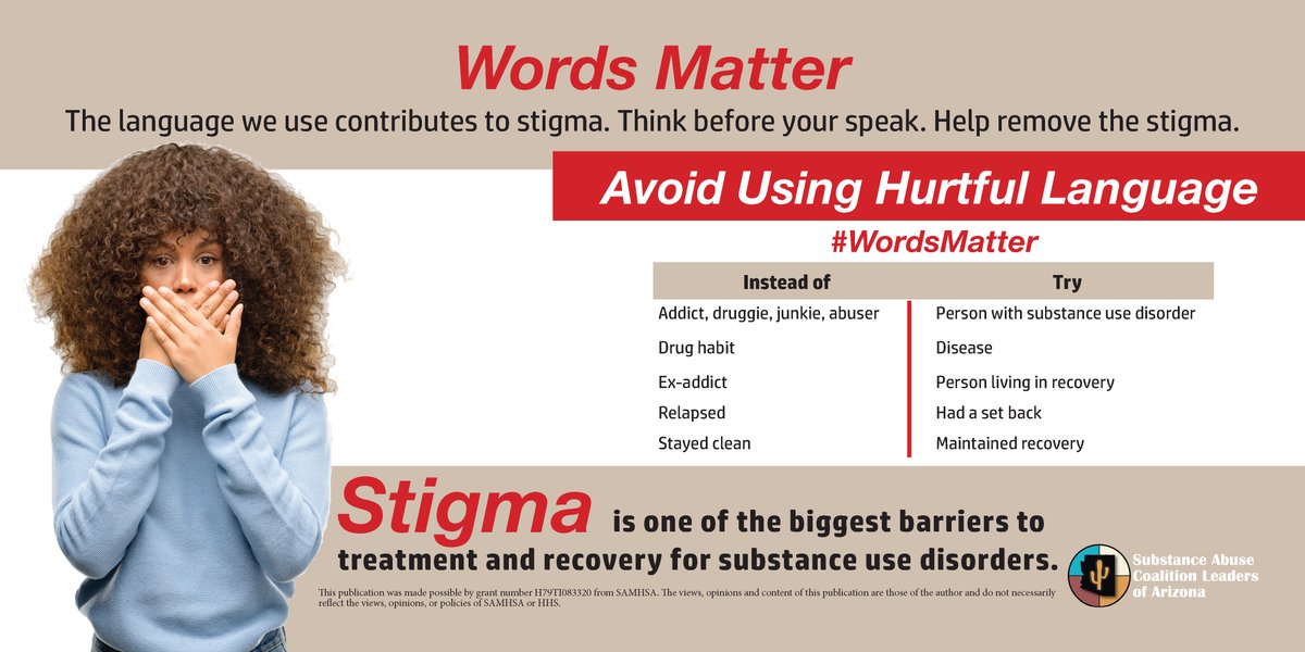 MATFORCEAZ's tweet photo. Words matter. Stigma around substance use often starts with language—and it can discourage people from seeking help. Let’s use words that support hope and recovery, not judgment. Together, we can break down barriers and build a more supportive community. #WordsMatter https://t.co/pQNi6lJjh9
