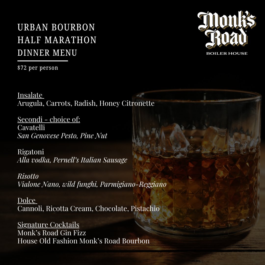 UrbanBourbonHM's tweet photo. 🥃 Make it a weekend! Add a Bourbon-themed dinner at Monks Road Boiler House to your Urban Bourbon race registration.
Only 5 spots remain for the 7:30 p.m. seating on Oct. 17!
Dinner + bourbon + race weekend = a winning combination.
#UBHM #UB5K #Oct17 #RaceWeekend https://t.co/u0OC644tFT
