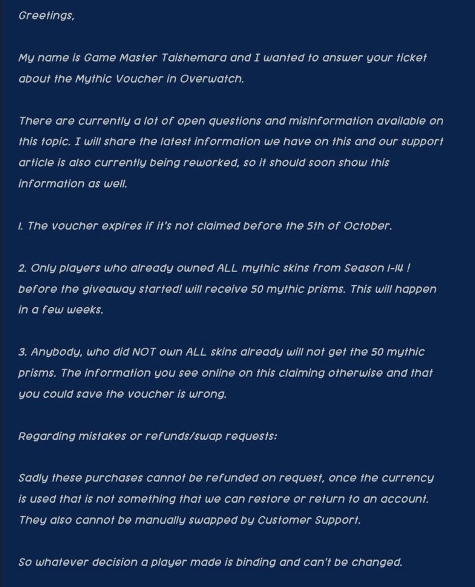 girlfailurexo's tweet photo. ‼️‼️ SPEND YOUR MYTHIC VOUCHER IF YOU DO NOT HAVE EVERY MYTHIC ALREADY ‼️‼️

you get 50 prisms ONLY IF you already have ALL mythics, otherwise it DOES expire. the ss of the tech support earlier was likely lost in translation. 

first ss below is clarification from a game master. https://t.co/JoZckjz8qR