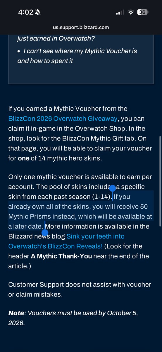 girlfailurexo's tweet photo. ‼️‼️ SPEND YOUR MYTHIC VOUCHER IF YOU DO NOT HAVE EVERY MYTHIC ALREADY ‼️‼️

you get 50 prisms ONLY IF you already have ALL mythics, otherwise it DOES expire. the ss of the tech support earlier was likely lost in translation. 

first ss below is clarification from a game master. https://t.co/JoZckjz8qR
