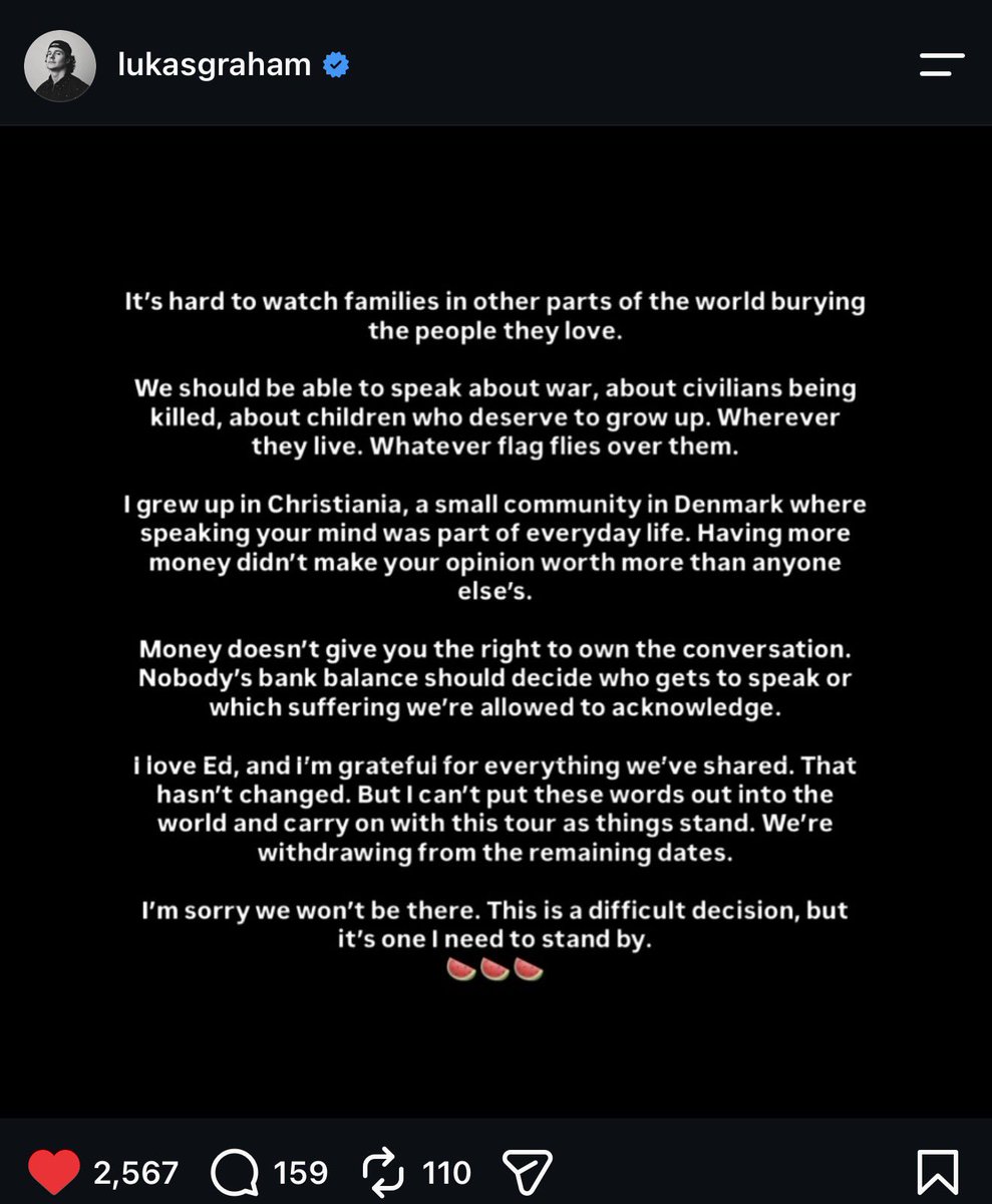 withlovejohana's tweet photo. All of Ed Sheeran’s openers have now withdrawn from the Looper Tour. Please realize how big this is. This is what unity looks like. Billionaires are terrified of people realizing how strong they can be when we come together for a cause. Continue speaking out. Support the new artists that are deciding to put their careers at risk to take this stance.