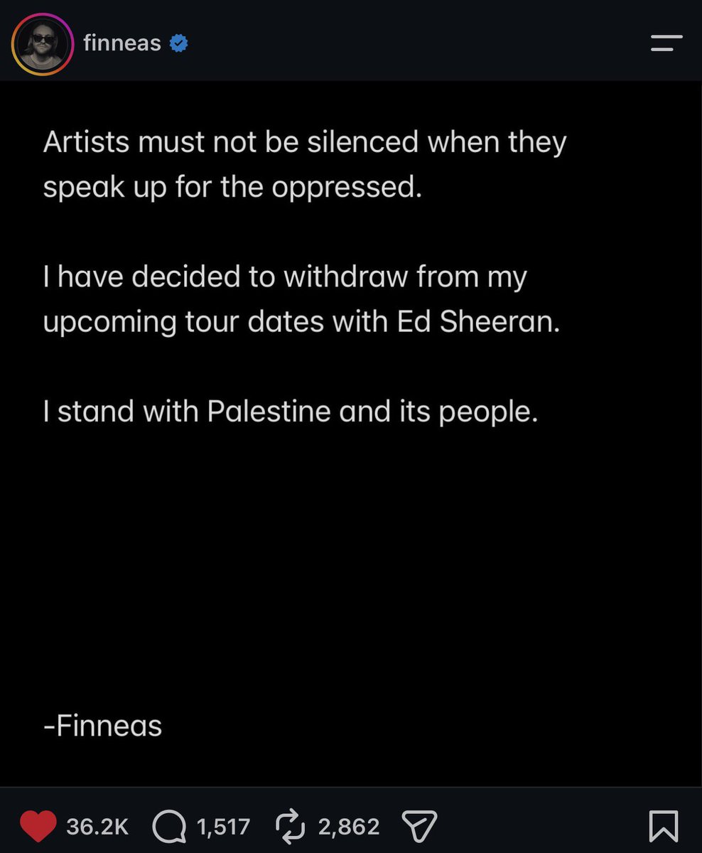 withlovejohana's tweet photo. All of Ed Sheeran’s openers have now withdrawn from the Looper Tour. Please realize how big this is. This is what unity looks like. Billionaires are terrified of people realizing how strong they can be when we come together for a cause. Continue speaking out. Support the new artists that are deciding to put their careers at risk to take this stance.