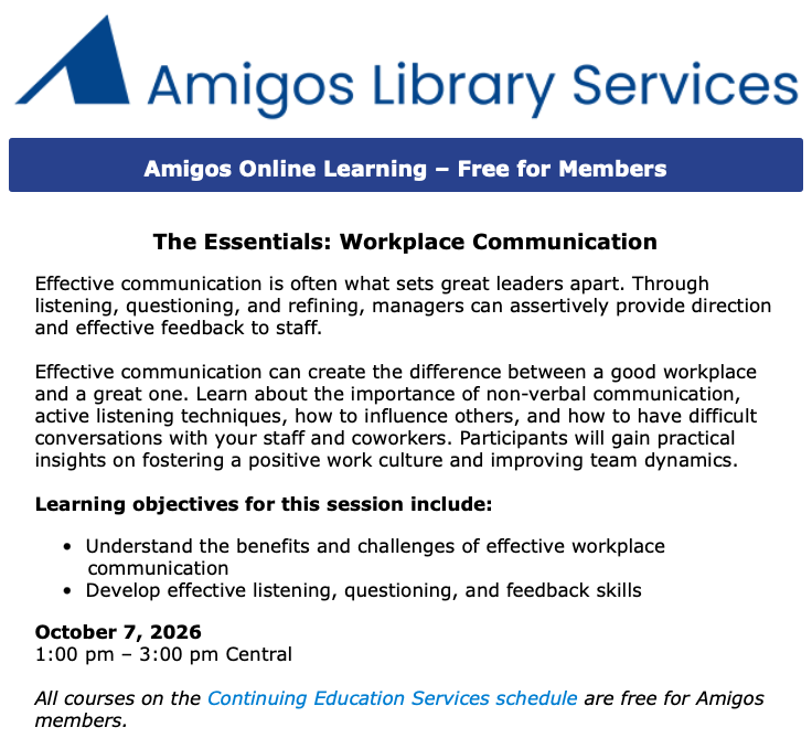 AmigosLibServ's tweet photo. https://t.co/Ro93ShDH1w #AmigosLiveOnline #librarylearning #continuingEd #AmigosContEd https://t.co/foHQgvrLDS