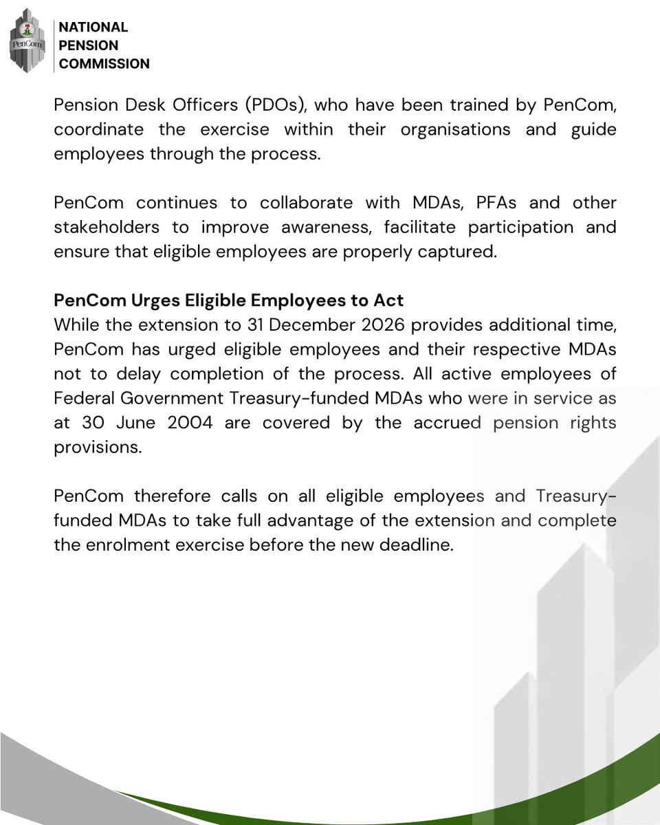 PenComNig's tweet photo. PenCom Extends Mandatory Online Verification and Enrolment Exercise for Civil Servants to December 2026 ….Urges Eligible Employees to Take Advantage of Extension https://t.co/vebvaoNL55