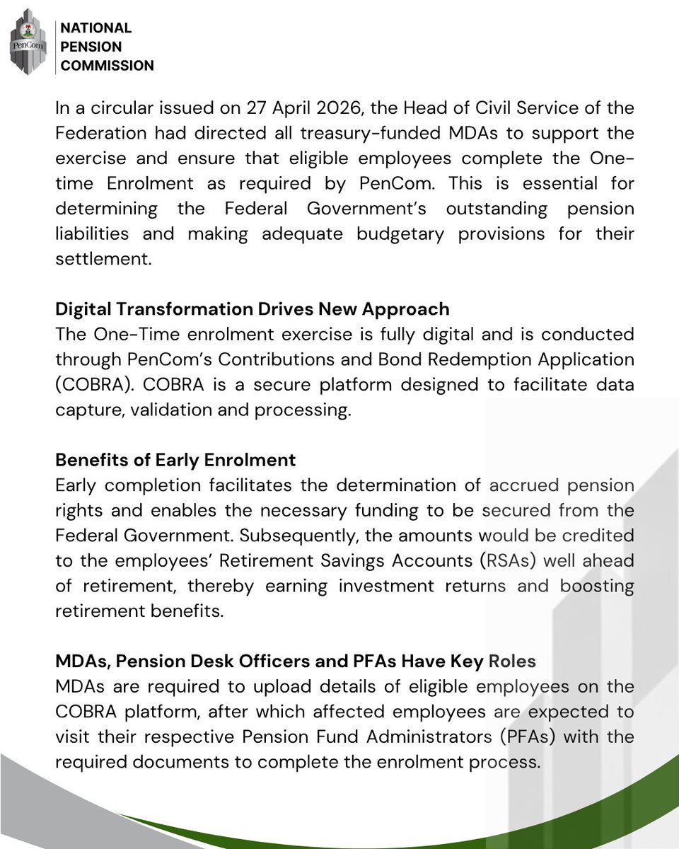 PenComNig's tweet photo. PenCom Extends Mandatory Online Verification and Enrolment Exercise for Civil Servants to December 2026 ….Urges Eligible Employees to Take Advantage of Extension https://t.co/vebvaoNL55