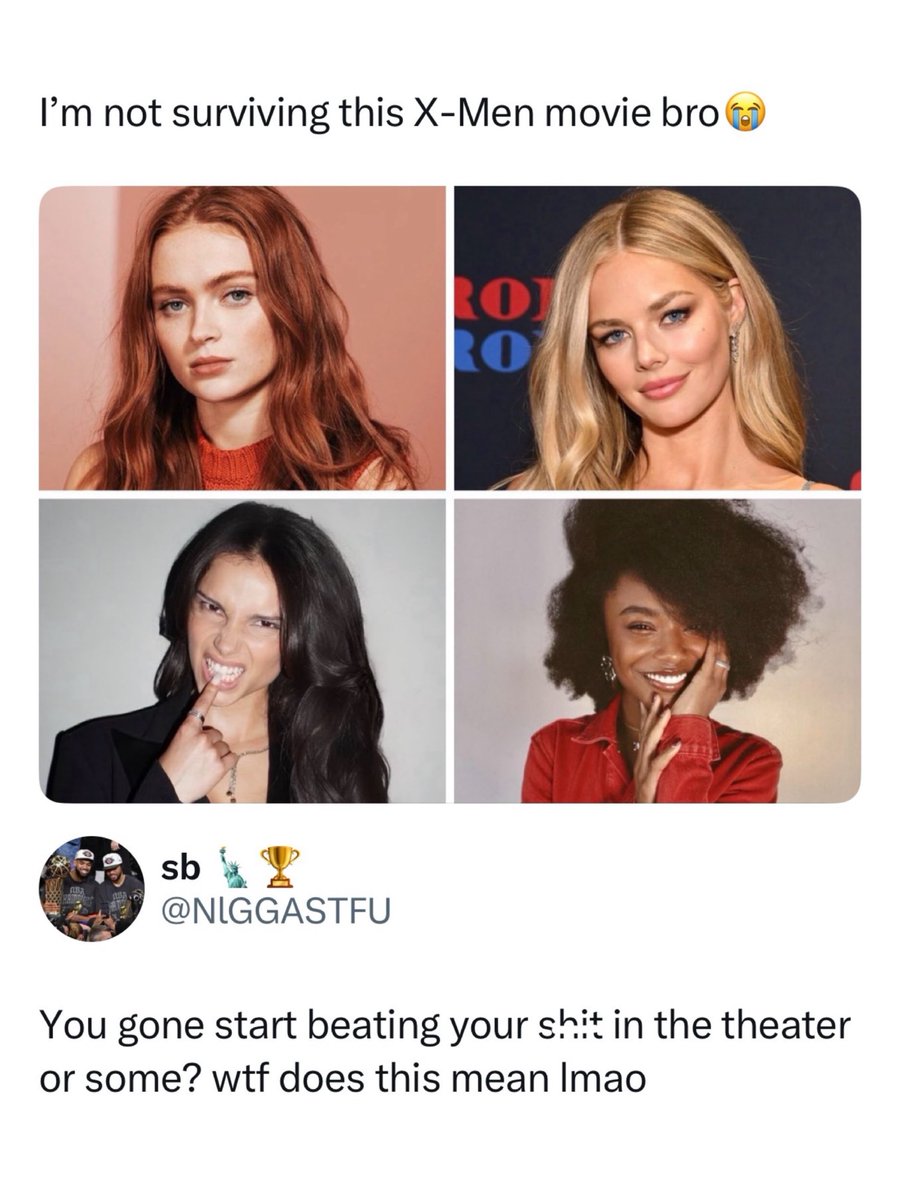 ChiHottzex's tweet photo. Gooner mentality 😭

Marvel has officially announced the first cast members for its new X-Men film: Sadie Sink as Jean Grey, Samara Weaving as Emma Frost, Inde Navarrette as Rogue, Maya Boyd as Storm, Kit Connor as Cyclops, Christopher Abbott as https://t.co/a5gIoRktya