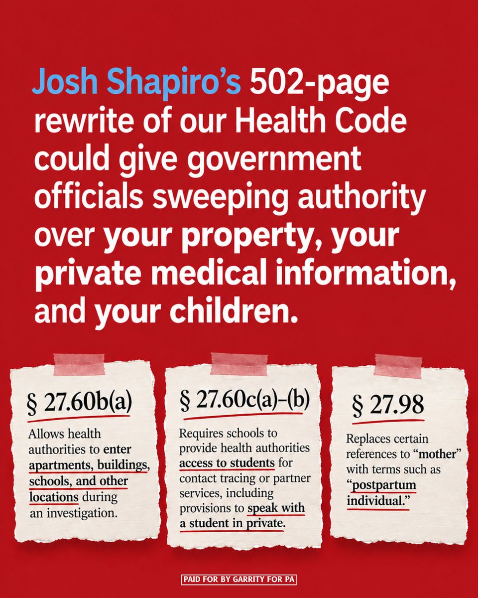 GarrityForPA's tweet photo. Josh Shapiro’s 502-page Health Code rewrite goes far beyond public health.

These are decisions that affect all Pennsylvanians, and they shouldn’t be buried in hundreds of pages of government regulations.

Make sure Harrisburg hears from you. Submit your public comment before September 21. 

🔗: https://t.co/nvkkdc1rp4

#JoshShapiro #GarrityRichey