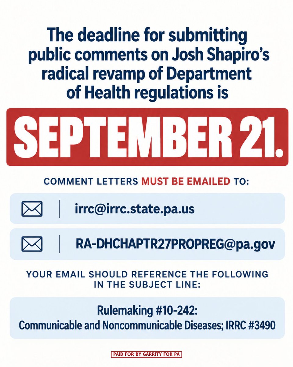 GarrityForPA's tweet photo. Josh Shapiro’s 502-page Health Code rewrite goes far beyond public health.

These are decisions that affect all Pennsylvanians, and they shouldn’t be buried in hundreds of pages of government regulations.

Make sure Harrisburg hears from you. Submit your public comment before September 21. 

🔗: https://t.co/nvkkdc1rp4

#JoshShapiro #GarrityRichey