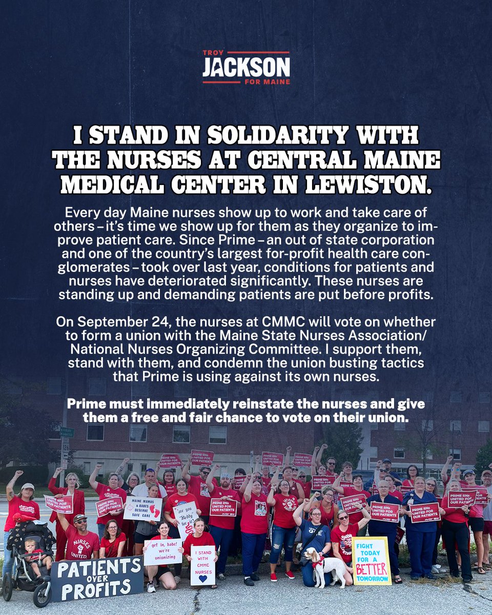 TroyJackson207's tweet photo. My response to Prime's union-busting tactics at Central Maine Medical Center in Lewiston. The company has suspended several nurses for standing up and demanding patients and nurses are put before profits.

Prime must immediately reinstate the nurses and give them a free and fair chance to vote on their union. Solidarity forever. ✊