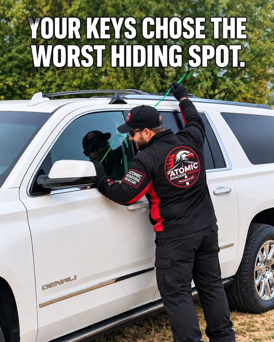 LlcAtomic's tweet photo. Locked out? Your keys chose the worst hiding spot 😅 Call Atomic Roadside Rescue at (507) 222-3451 for friendly lockout help in Rochester, MN. Get help now: https://t.co/urjoGz717A https://t.co/2LdOweV326