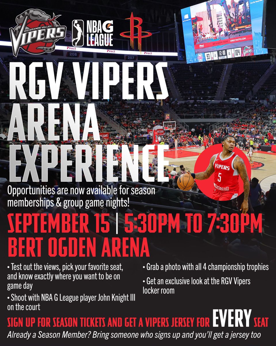 RGVVipers's tweet photo. Interested in Season Tickets?

Let us show you around!

Today
🏟️ Tour the Bert Ogden Arena 
⏰ 5:30 - 7:30
💺 pick your seats
🏀 shoot on the court with John Knight III
📸 Take a picture with the Championship Trophies
🐍 Free Jersey with every seat purchase! https://t.co/AXUbsTcfZ6
