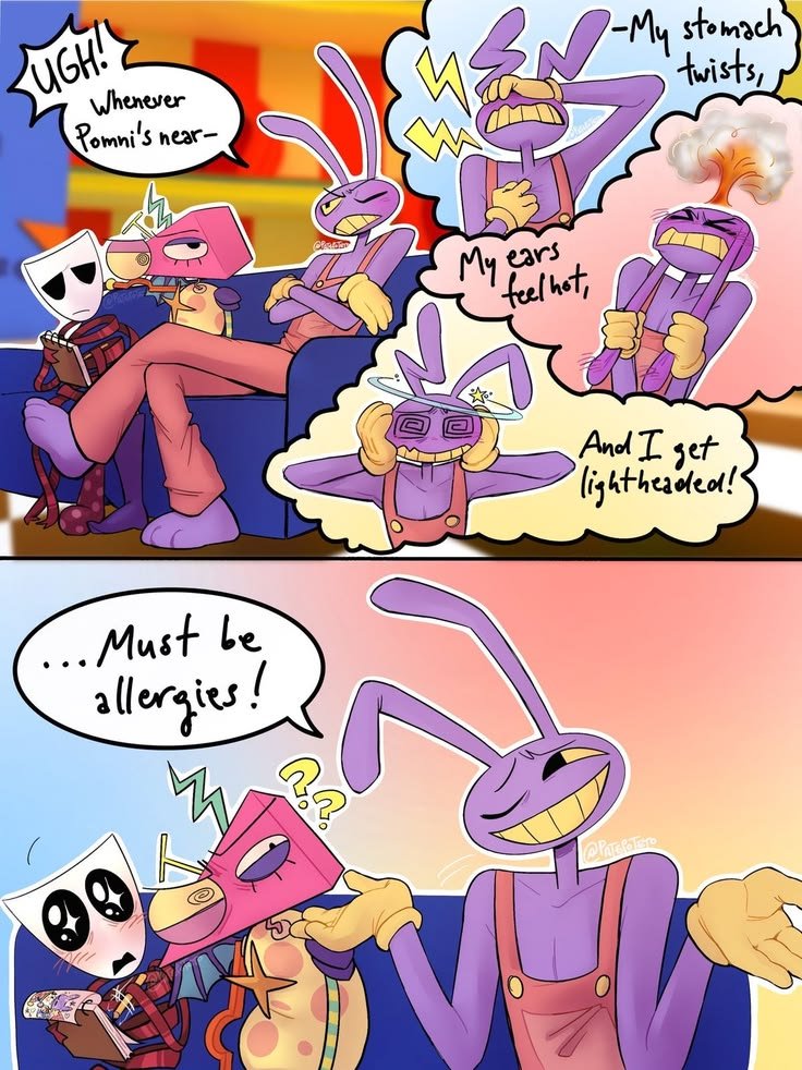 Julietarts12's tweet photo. Jax describing severe stage 4 feelings and calling it an allergic reaction 😭💀 #TheAmazingDigitalCircus #TADC https://t.co/HEuSwkfFs1
