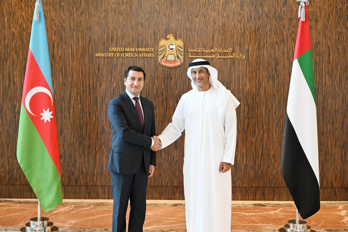 HikmetHajiyev's tweet photo. During my visit to the United Arab Emirates, I met with H.E. Saeed bin Mubarak Al Hajeri, Minister of State.

We reviewed the dynamically developing Azerbaijan–UAE bilateral relations within the framework of our strategic partnership and had a productive exchange of views on regional and international issues.

As regional middle powers, Azerbaijan and the UAE play a positive and constructive role in international relations, contributing to stability, cooperation and dialogue.