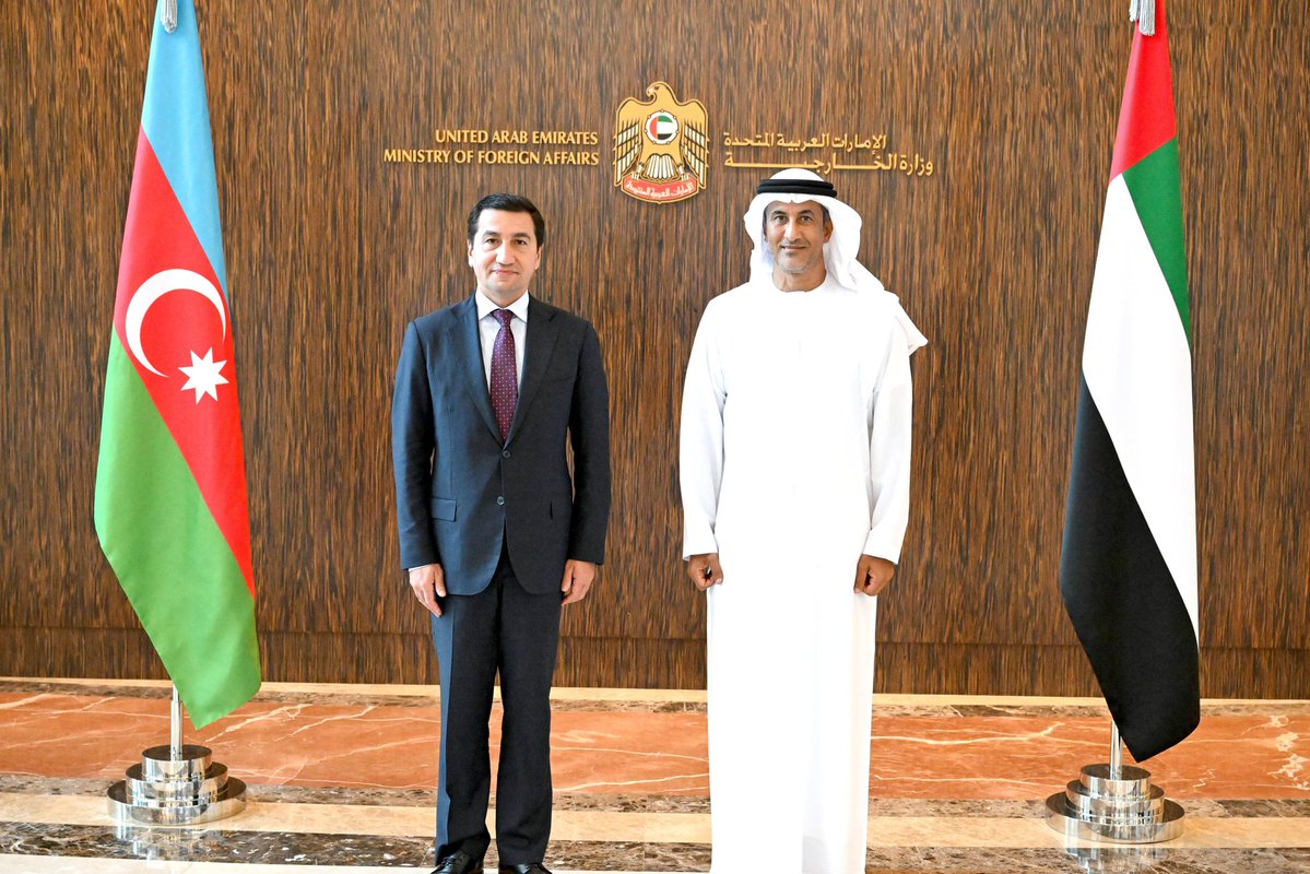 HikmetHajiyev's tweet photo. During my visit to the United Arab Emirates, I met with H.E. Saeed bin Mubarak Al Hajeri, Minister of State.

We reviewed the dynamically developing Azerbaijan–UAE bilateral relations within the framework of our strategic partnership and had a productive exchange of views on regional and international issues.

As regional middle powers, Azerbaijan and the UAE play a positive and constructive role in international relations, contributing to stability, cooperation and dialogue.