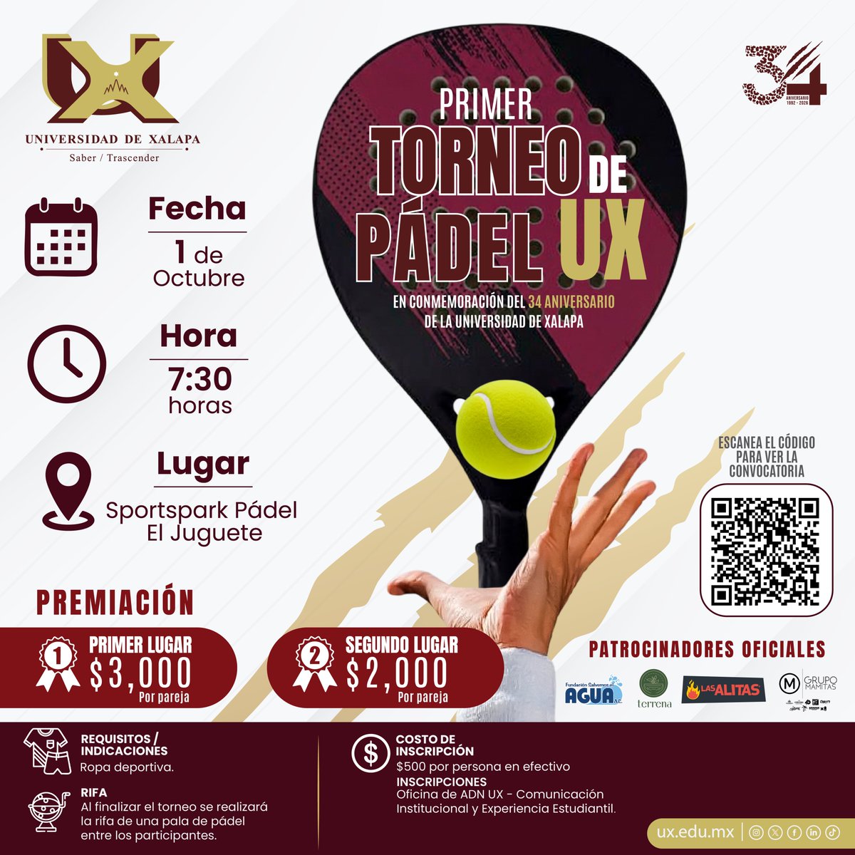 UXoficial's tweet photo. ���🐆 ¡La comunidad jaguar entra a la cancha! La Universidad de Xalapa invita al Primer Torneo de Pádel UX. 🏆 $3,000 al https://t.co/bBqJWmU2al lugar | 🥈 $2,000 al 2.º | 🎟️ Rifa de una pala. 📅 1 de octubre | ⏰ 7:30 h | 📍 Sportspark Pádel El Juguete. ¡Arma tu pareja! https://t.co/0MbHCoOzF8