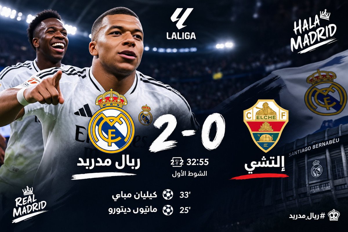 CarWorlddz's tweet photo. 🔥⚽️ ريال مدريد يضرب من جديد!

🇪🇸 ريال مدريد 2️⃣🆚0️⃣ إلتشي
⚽️ كيليان مبابي 33'
⚽️ ماتيوس ديتورو 25'

🤍 الميرينغي يواصل فرض سيطرته!

#ريال_مدريد #مبابي #Elche #HalaMadrid https://t.co/h5bPxkppYp