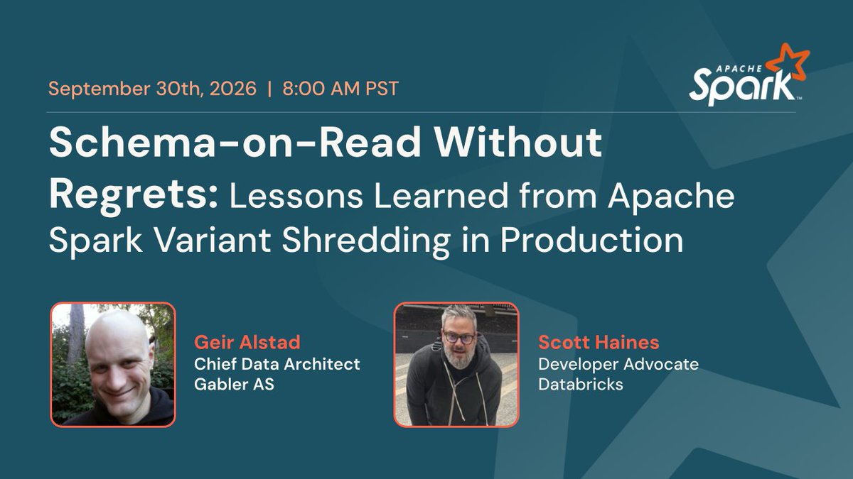 ApacheSpark's tweet photo. 📣 Schema-on-Read Without Regrets: Lessons from Apache Spark™ Variant shredding in Production

Join Geir E. Alstad (Gabler AS) + @newfront  (@databricks) on Tuesday, Sept 30 at 8 AM PT. 🗓️

Learn how Variant shredding turns schema-less XML into fast streaming tables and a clean Kimball star schema, with real lessons on schema drift, reloads, and the Medallion Spoke pattern.

🎟️ Register: https://t.co/HxvYSODVRu

#OpenSource #ApacheSpark #Schema