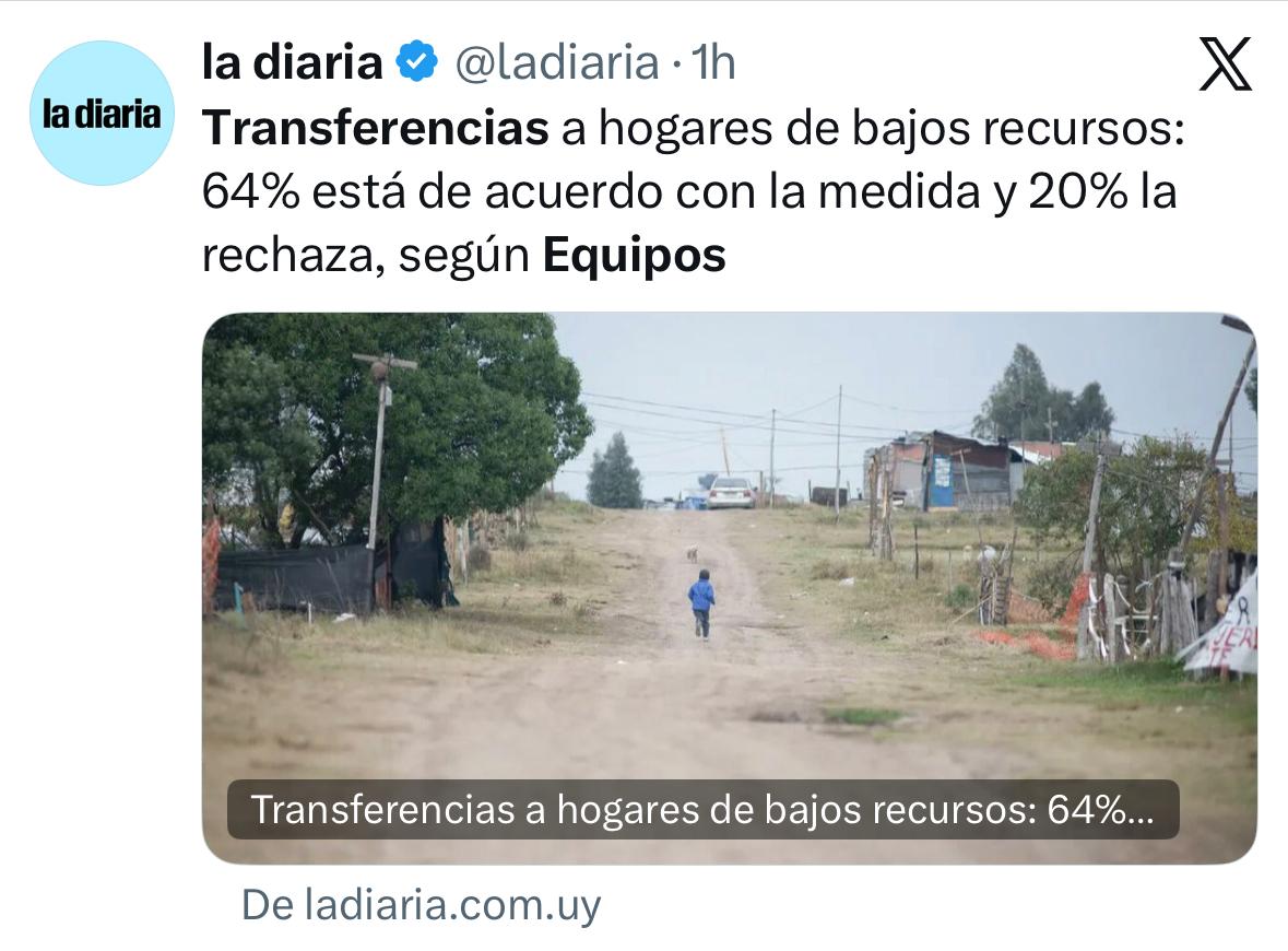 fepreco's tweet photo. Dos de cada tres (2/3) uruguayos apoyan política de transferencias a la infancia para disminuir la desigualdad y la pobreza infantil. 

"A veces se habla de estas políticas desde la idea de dependencia o comodidad, pero la realidad muestra otra cosa: familias haciendo rendir ingresos insuficientes, mujeres sosteniendo hogares enteros, adolescentes intentando no abandonar sus estudios, y niños y niñas creciendo en contextos de enorme desigualdad y condiciones mínimas de vida insuficientes. Discutir las transferencias sin mirar esas realidades es correr el riesgo de transformar cifras en prejuicios y olvidar que detrás de cada prestación hay historias, hay esfuerzos y también hay derechos que intentan sostenerse todos y cada uno de los días.

Las transferencias monetarias suelen despertar debates intensos. Desde una perspectiva progresista nadie sostiene que, por sí solas, resuelvan las desigualdades estructurales. No sustituyen el empleo de calidad, una educación robusta, salud pública fuerte, políticas de vivienda o un sistema tributario más justo. Sin embargo, cumplen una función irreemplazable: protegen a quienes más lo necesitan mientras esas transformaciones se construyen.

Con frecuencia se cuestionan las transferencias dirigidas a los hogares más pobres como si fueran una excepción dentro del funcionamiento del Estado. Sin embargo, el Estado transfiere recursos públicos de múltiples maneras. Lo hace cuando exonera impuestos para promover determinadas actividades, cuando incentiva inversiones, cuando apoya a distintos sectores productivos o cuando establece beneficios tributarios para instituciones que considera de interés público."

🗞️Artículo escrito sobre este tema con el equipo de diputación: https://t.co/fsZBv9G5KH

📈Encuesta en El Observador: https://t.co/cjDZvelsTc
📊Encuesta en La Diaria: https://t.co/5UJAfnzOjS