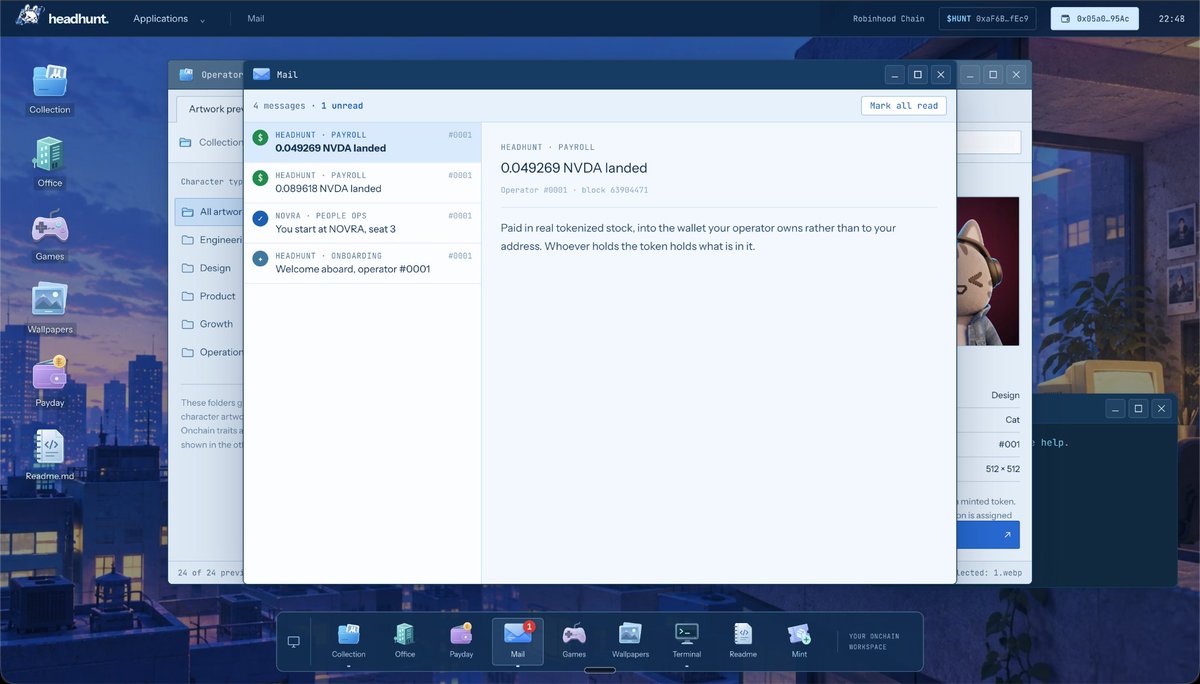 headhuntgame's tweet photo. New Update: the rabbit has work email now.

Mail is live: onboarding messages, hiring confirmations and stock-payday notices in one inbox, with an unread badge in the dock.

Open Mail to catch up.

“0.049269 NVDA landed” is a pretty good subject line. https://t.co/zPvCNSzoMU