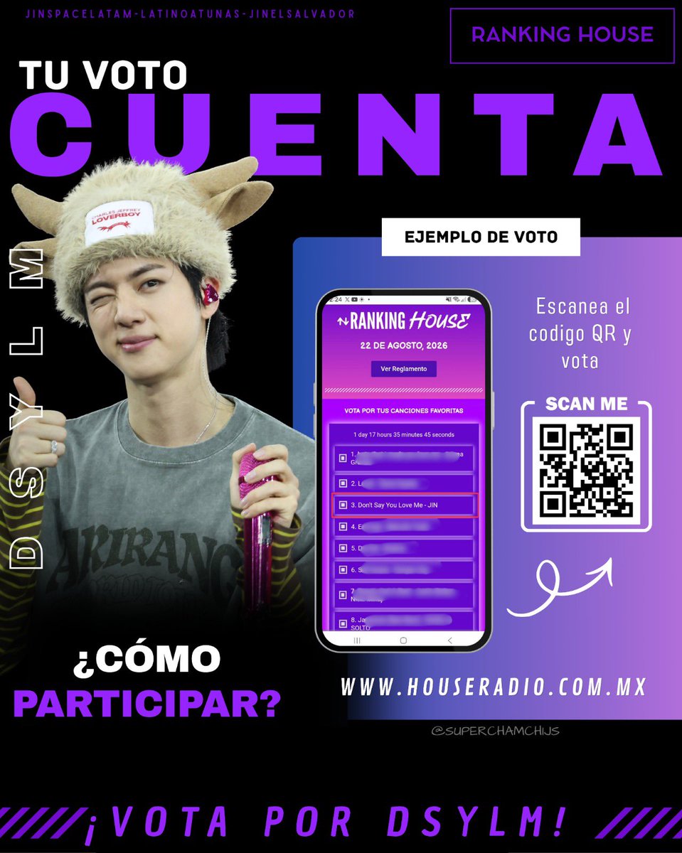 jinspacelatam's tweet photo. 📻 VOTA POR DSYLM EN HOUSE RADIO

✨ ¡Nuestra votación para Don’t Say You Love Me ya está abierta!

🗓️ Inicio: Sábado 3:00 PM (CDMX)
🗓️ Cierre: Viernes 8:00 PM (CDMX)

⏰ ¡VOTACIÓN ABIERTA EN WEB!

🎀 Votos ilimitados disponibles

💥 IMPORTANTE:
Por cada voto a DSYLM, pueden aparecer ingresos de Running Wild en la sección de “Nuevos ingresos”.

📌 Vota aquí:
https://t.co/01GIHKTRk2

💬 Si ves esto, deja tus votos en comentarios y ayúdanos a mantener a Jin y DSYLM presentes en el ranking. 💜

Today I want to vote 15 times for #Dont_Say_You_Love_Me by #Jin for  #RankingHouse - thank you @houseradiomx