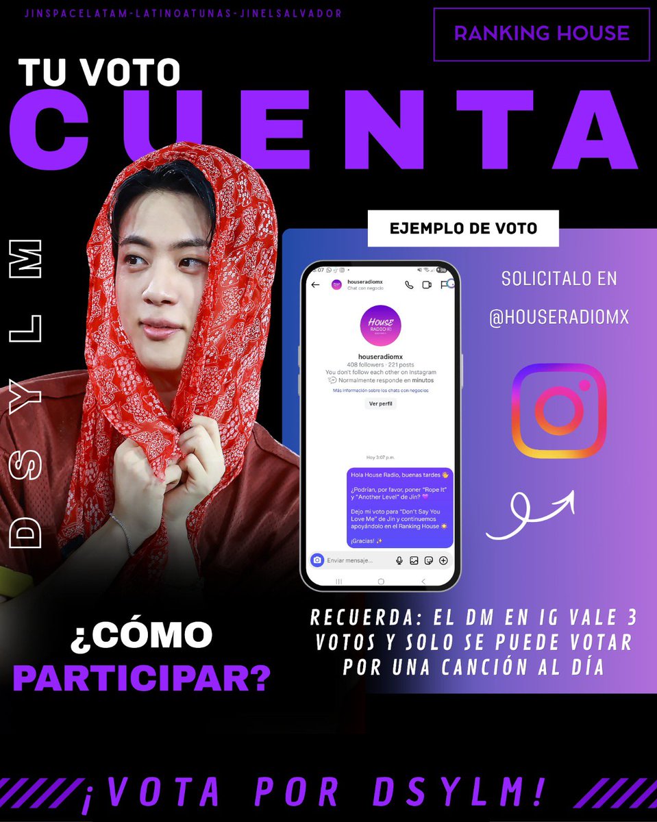 jinspacelatam's tweet photo. 📻 VOTA POR DSYLM EN HOUSE RADIO

✨ ¡Nuestra votación para Don’t Say You Love Me ya está abierta!

🗓️ Inicio: Sábado 3:00 PM (CDMX)
🗓️ Cierre: Viernes 8:00 PM (CDMX)

⏰ ¡VOTACIÓN ABIERTA EN WEB!

🎀 Votos ilimitados disponibles

💥 IMPORTANTE:
Por cada voto a DSYLM, pueden aparecer ingresos de Running Wild en la sección de “Nuevos ingresos”.

📌 Vota aquí:
https://t.co/01GIHKTRk2

💬 Si ves esto, deja tus votos en comentarios y ayúdanos a mantener a Jin y DSYLM presentes en el ranking. 💜

Today I want to vote 15 times for #Dont_Say_You_Love_Me by #Jin for  #RankingHouse - thank you @houseradiomx