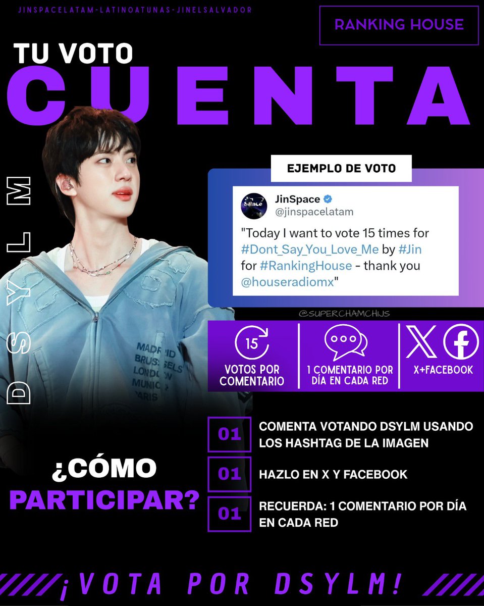 jinspacelatam's tweet photo. 📻 VOTA POR DSYLM EN HOUSE RADIO

✨ ¡Nuestra votación para Don’t Say You Love Me ya está abierta!

🗓️ Inicio: Sábado 3:00 PM (CDMX)
🗓️ Cierre: Viernes 8:00 PM (CDMX)

⏰ ¡VOTACIÓN ABIERTA EN WEB!

🎀 Votos ilimitados disponibles

💥 IMPORTANTE:
Por cada voto a DSYLM, pueden aparecer ingresos de Running Wild en la sección de “Nuevos ingresos”.

📌 Vota aquí:
https://t.co/01GIHKTRk2

💬 Si ves esto, deja tus votos en comentarios y ayúdanos a mantener a Jin y DSYLM presentes en el ranking. 💜

Today I want to vote 15 times for #Dont_Say_You_Love_Me by #Jin for  #RankingHouse - thank you @houseradiomx