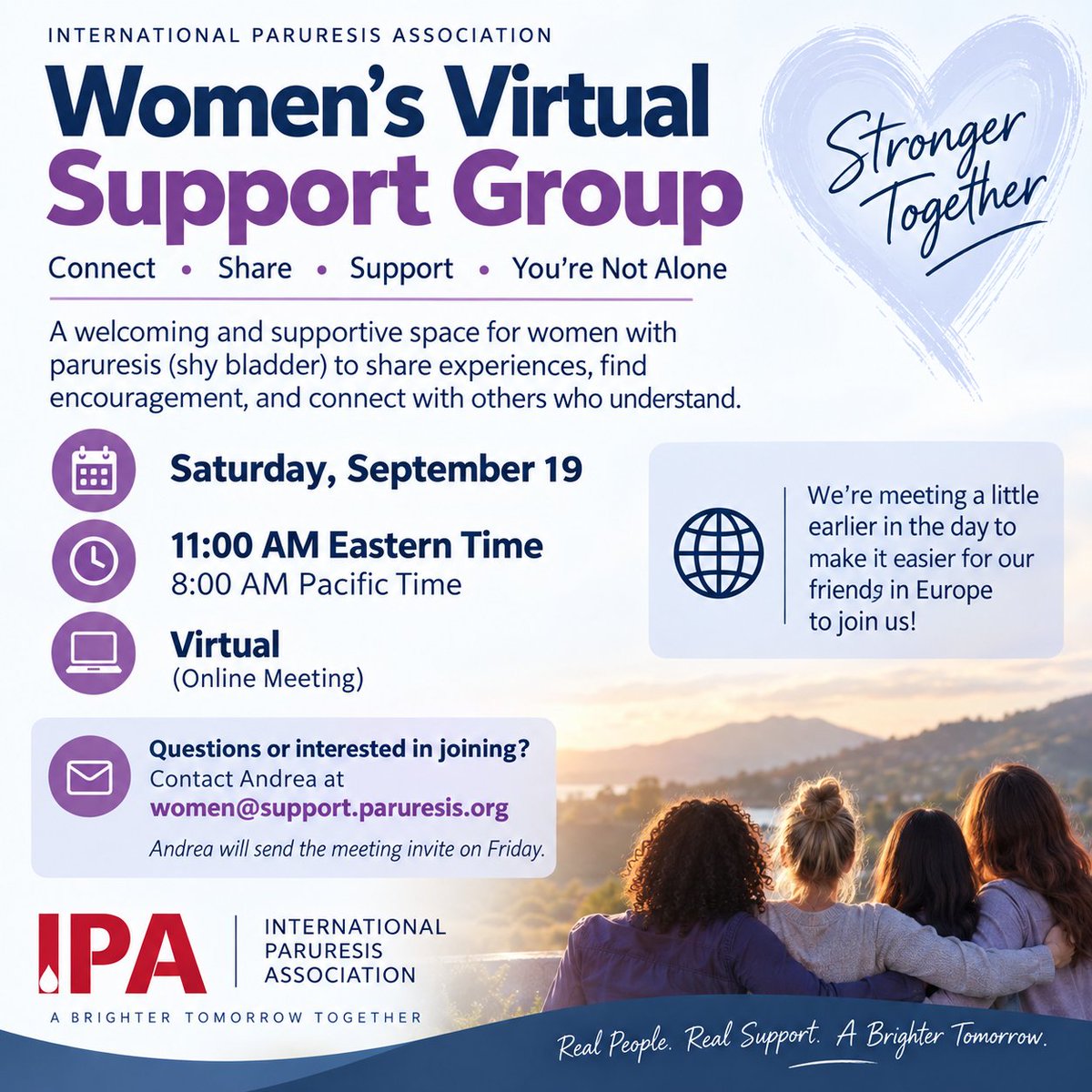 Paruresis_IPA's tweet photo. Ladies! This Saturday is the monthly women's support group meeting! Email Women@support.paruresis.org for more information on joining!
#paruresis #shybladder #ipa #bashfulbladder #bathroomanxiety https://t.co/mKp3jh2iaP