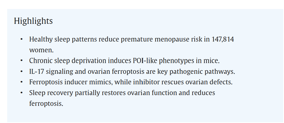 agingdoc1's tweet photo. Chronic sleep deprivation induces ovarian ferroptosis and premature ovarian insufficiency linked to IL-17 signaling

♀️"healthier sleep patterns are significantly associated with a reduced risk of premature menopause."💤

https://t.co/IOrekoNpcD https://t.co/1x7DzxZ0kz